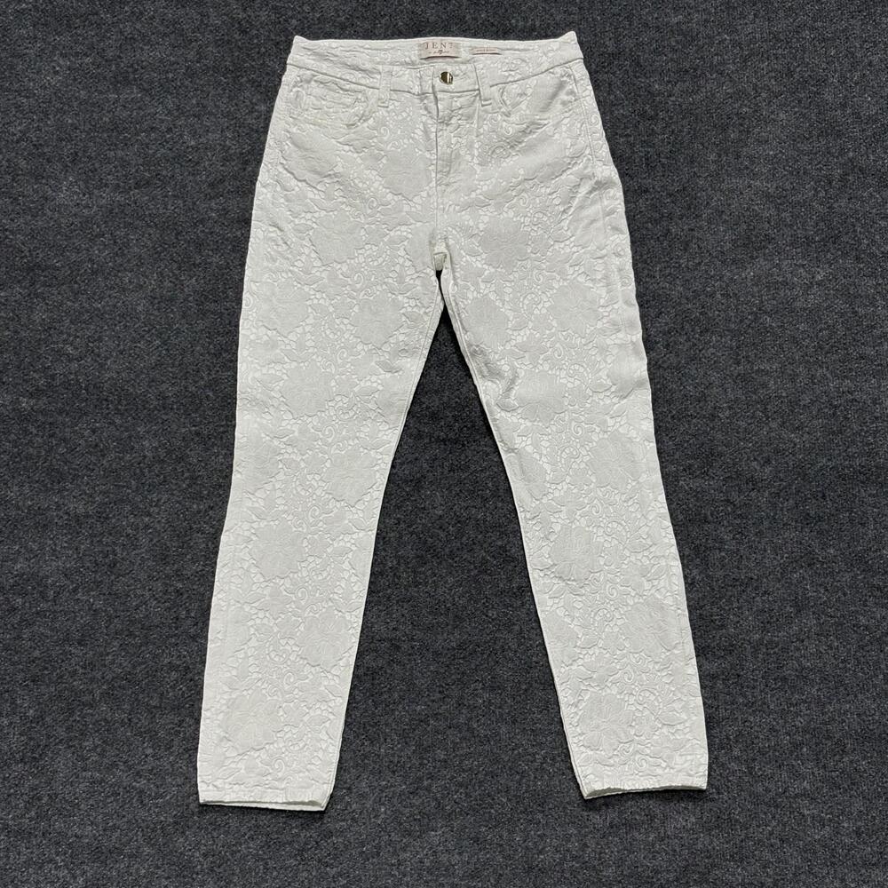 Jen7 Ankle Skinny Jeans Womens 6 White Jacquard Floral Stretch Textured Pants